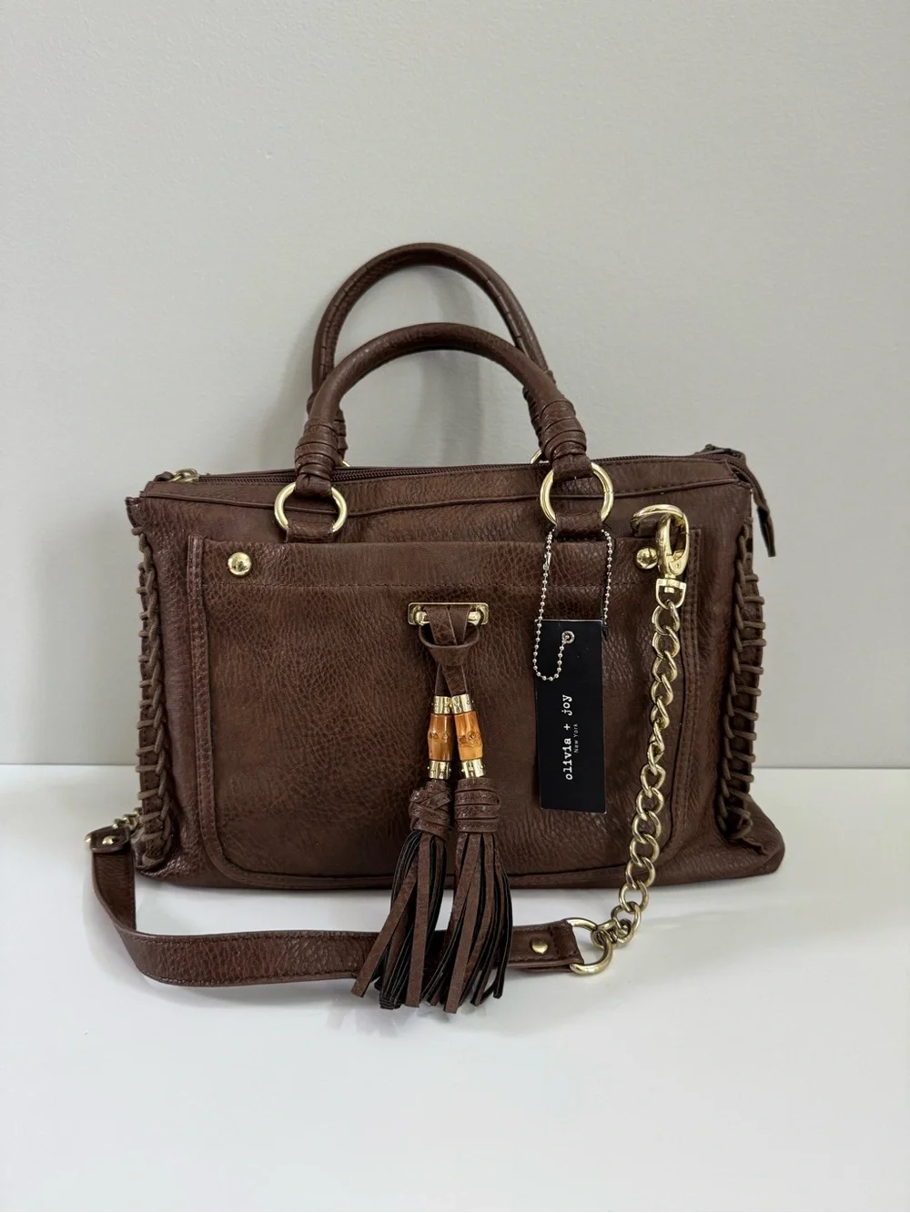 Olivia + Joy Stitched Brown Shoulder Bag with Detachable Gold Chain Strap